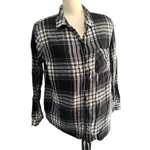 Beach Lunch Lounge Plaid Cotton Button Down Sz XL Black & White Long Sleeve